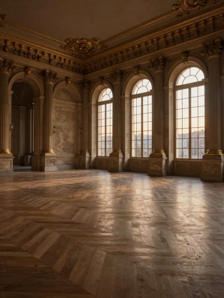 Wide panoramic interior of a grand Haussmann ballroom at dusk, empty and architectural — gilded cornices, bare stone columns, tall arched windows casting the last fading amber light across a parquet floor, no décor, no people, generous negative space on the left third, cinematic stillness