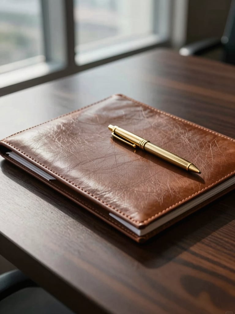 Extreme close-up of a leather-bound document folder resting on a dark walnut desk surface in a private Dubai office, a single gold pen placed diagonally across the closed cover, soft overcast daylight entering from a large window to the left casting a precise shadow across the leather texture, no hands, no people, minimal and controlled