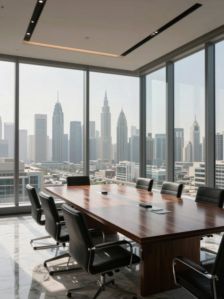 Wide panoramic view from inside an empty high-floor Dubai corporate boardroom, floor-to-ceiling glass to the right revealing the city skyline receding into haze, a long polished dark wood conference table in the foreground, overcast daylight flooding in from the left casting long soft shadows across marble flooring, no people, no documents on the table, extreme architectural stillness