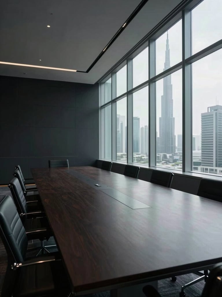 Wide architectural interior of an empty private boardroom, floor-to-ceiling windows on the right casting long overcast daylight across a dark polished table, the far end of the room receding into shadow, no people, deep charcoal walls, Dubai high-rise silhouettes barely visible beyond the glass