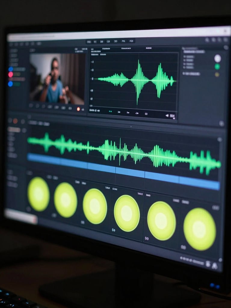 Macro portrait shot of a video editing timeline with audio waveforms, color grading wheels glowing neon-lime on a high-contrast dark monitor, moody studio lighting