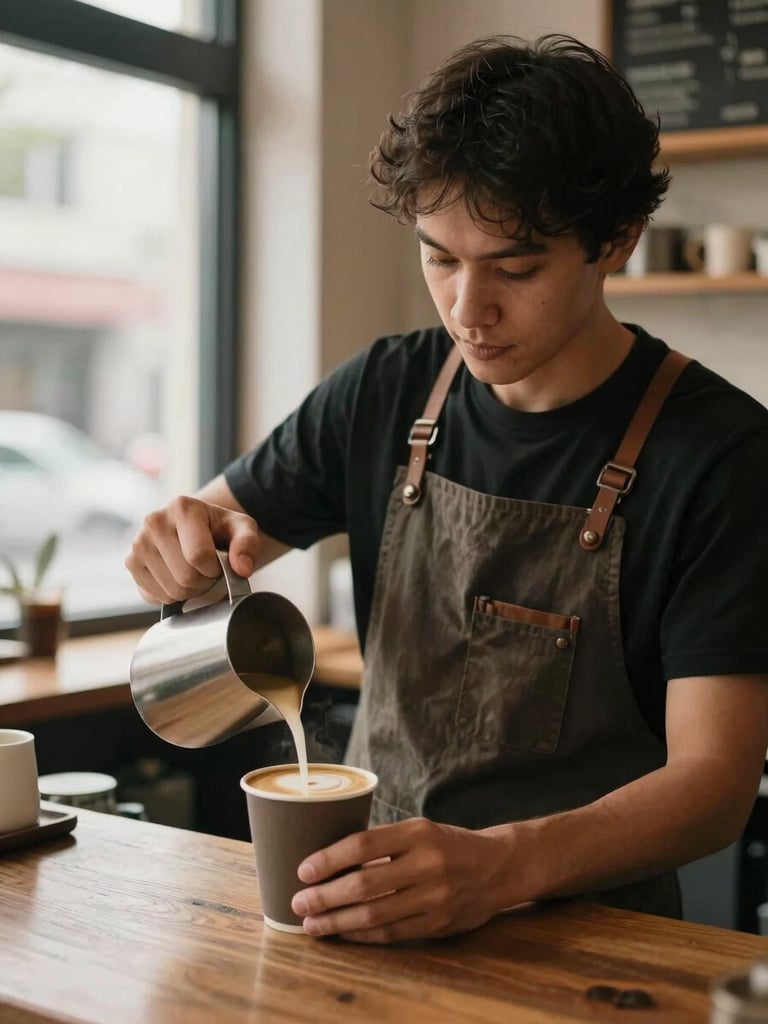 Portrait of a barista in a warm cafe, focused on preparing a coffee, hands visible, natural afternoon light, shallow depth of field.
