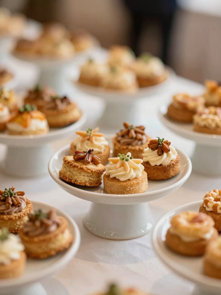 Elegant party table with golden-brown savories served on sophisticated ceramic stands, soft background bokeh, warm lighting
