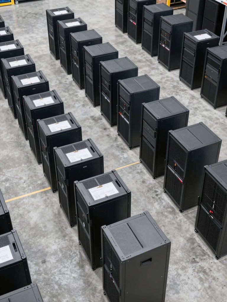 Wide overhead shot of a warehouse staging area, rows of decommissioned server racks arranged on a concrete floor under bright daylight warehouse lighting, equipment manifests clipped to the racks, clear sight lines across the floor, neutral grey and steel tones