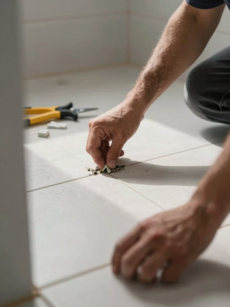 Close-up of a contractor's hands installing ceramic floor tile in a bathroom, grout lines visible, natural light from a doorway casting soft shadows across the finished section, tools and tile spacers nearby