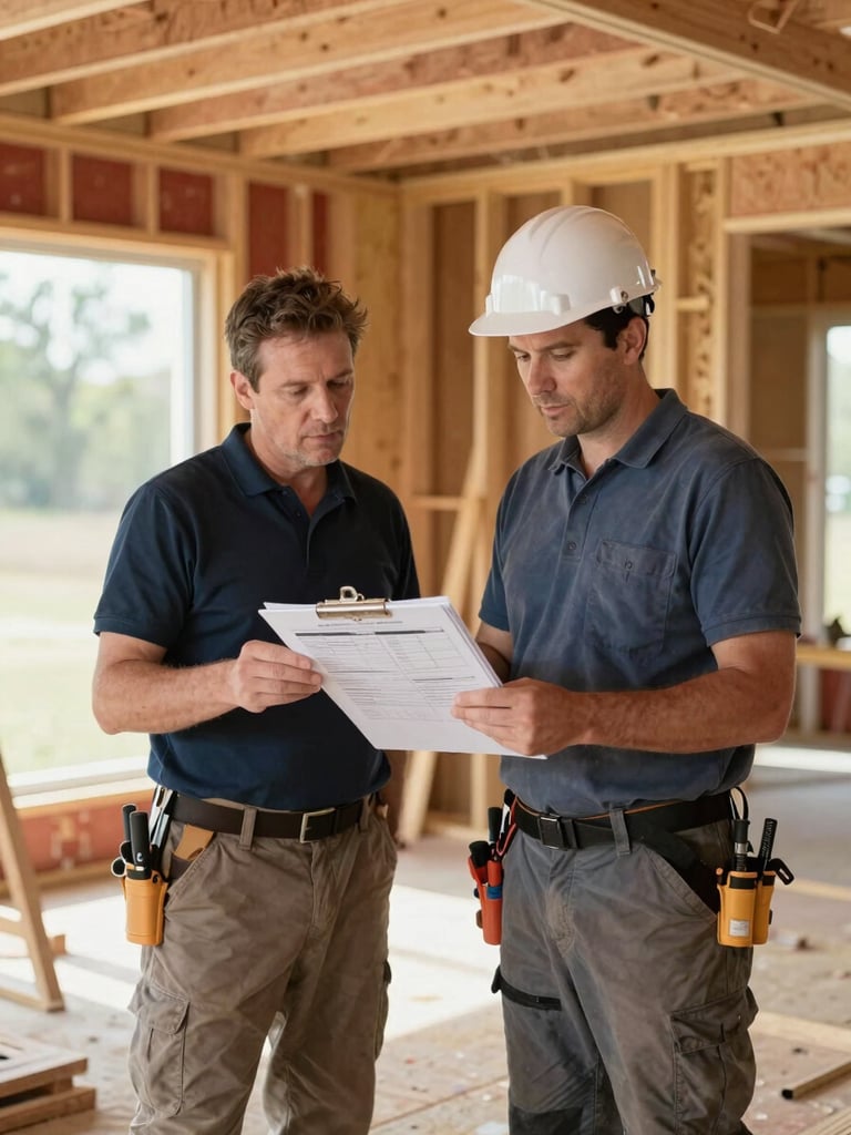 Wide shot of a contractor reviewing a printed scope document on a clipboard at a residential job site, framed lumber and drywall visible in the background, natural window light from the left, no posed smiling