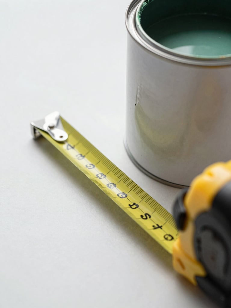 Close-up of a structured metal measuring tape next to a sealed green paint can, clean organized workspace, daylight, 35mm lens