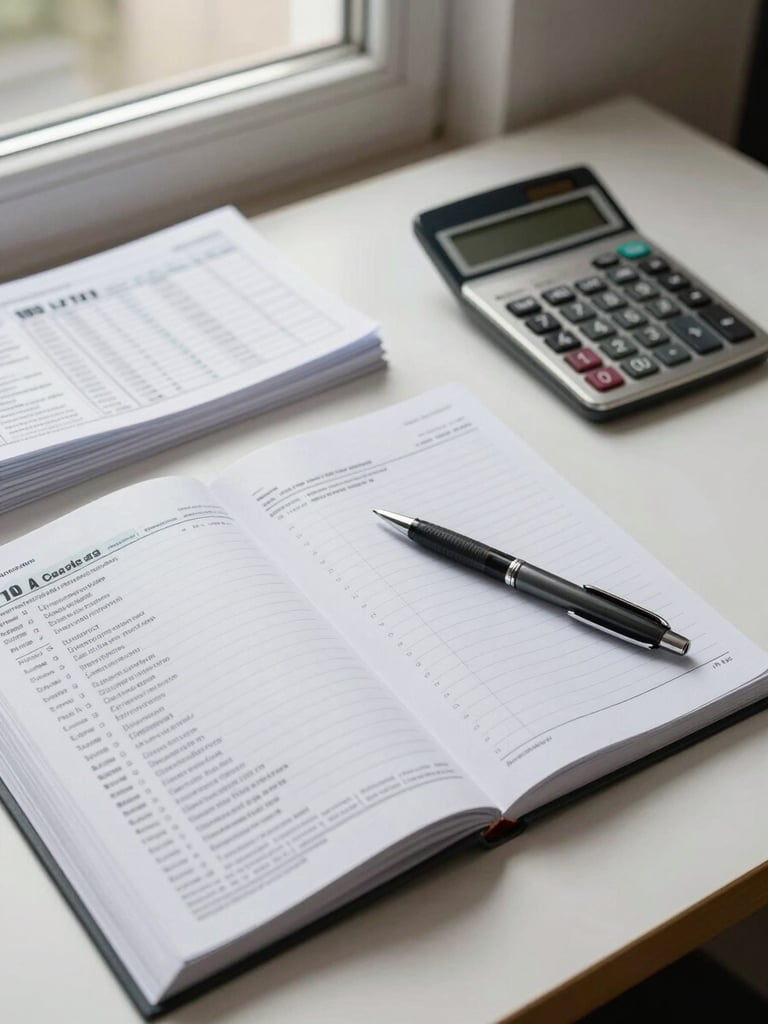 Close-up overhead view of an organized desk: open tax ledger with ruled columns, a pen resting mid-page, and a compact calculator beside a neat stack of printed returns — neutral daylight from a north-facing window, no shadows, studio-clean surface.