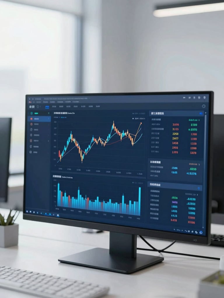 Modern dashboard showing financial metrics on a screen, clean office environment, bright natural lighting, cool blue tones, sharp focus