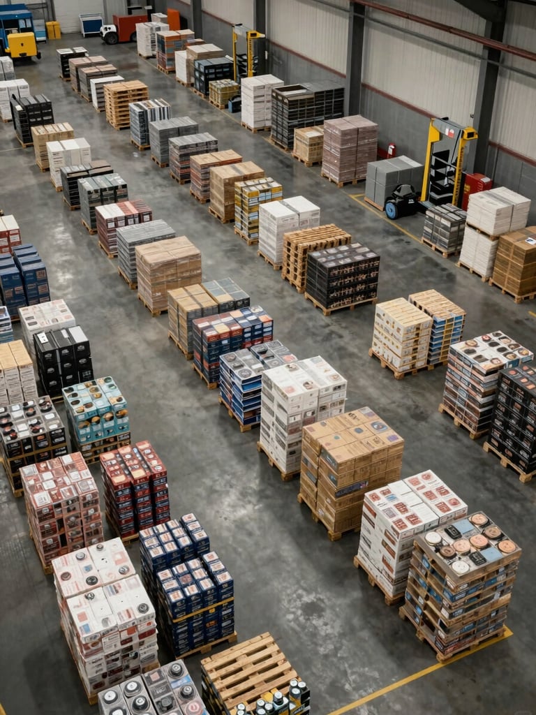Overhead wide-angle view of a large warehouse floor — organized inventory zones clearly delineated by floor markings, pallets of goods stacked at scale in multiple product categories, neutral fluorescent lighting, active operations with loading equipment visible, no staged personnel, depth and volume dominate the frame