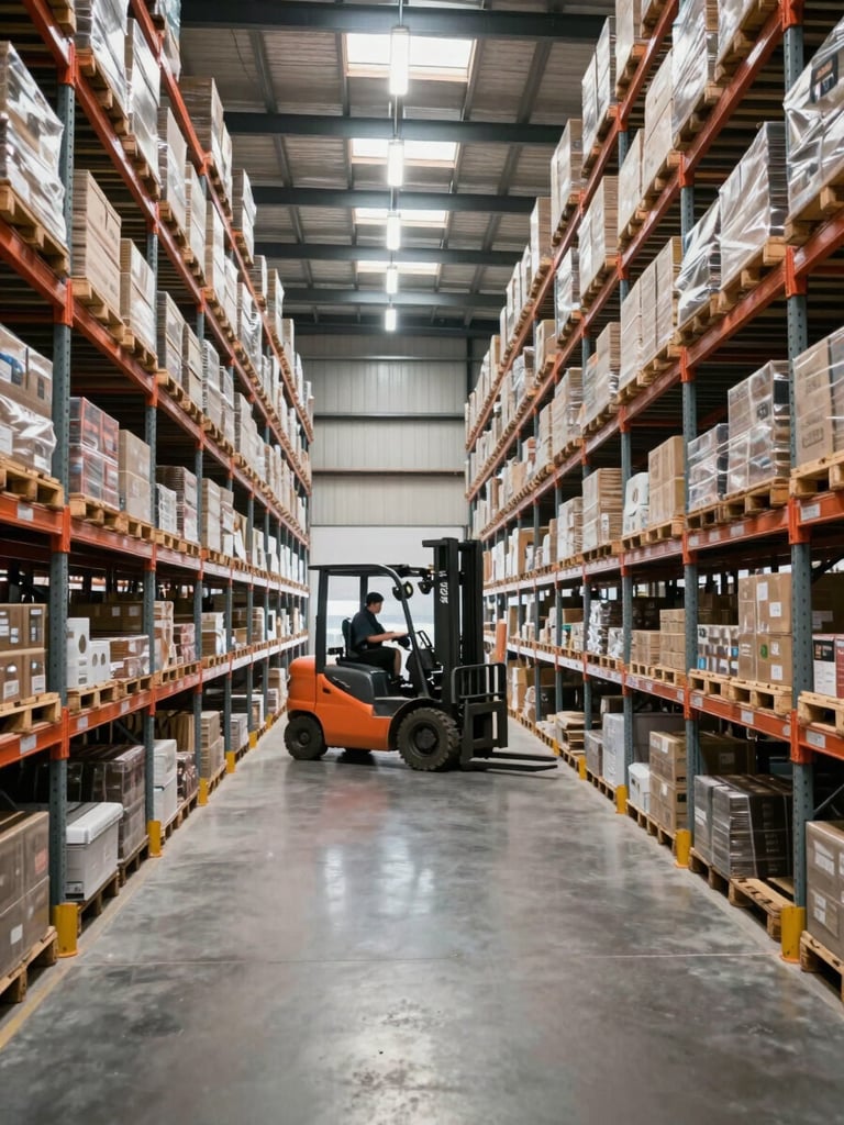 Wide environmental shot inside a large active warehouse, rows of fully stocked metal shelving receding into the distance under bright fluorescent lighting, a forklift carrying palletized goods in the mid-ground, neutral daylight spilling from high clerestory windows, no people posed — one operator visible in motion at the far aisle