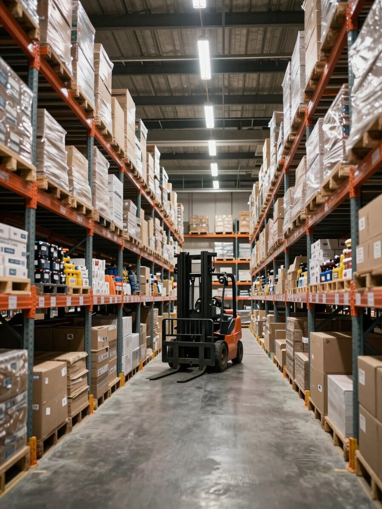 Wide environmental shot inside an active warehouse — long rows of fully stocked industrial shelving recede into the distance, fluorescent overhead lighting casting even neutral light across labeled inventory boxes, a forklift visible mid-aisle, no people posed, framed to bleed right edge of canvas
