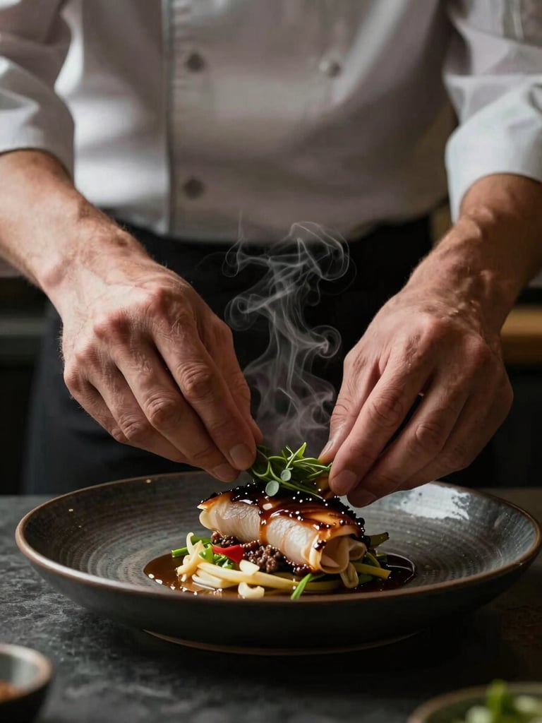 Low-key natural light shot of a chef's hands carefully plating a dish on a dark ceramic plate, steam rising gently.