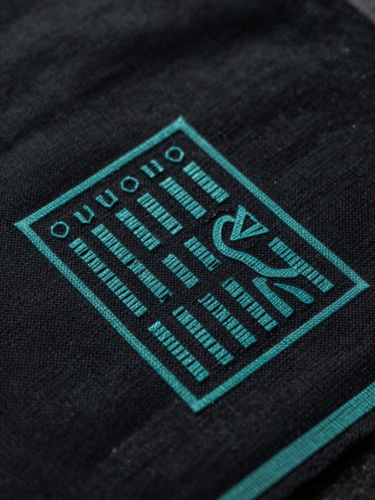 Tactile macro shot of high-mesh screen printing ink texture on heavy-gauge black cotton fabric, dramatic directional teal rim lighting.