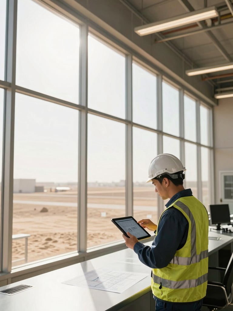 An engineer in high-visibility gear and safety helmet reviewing a digital blueprint on a tablet inside a high-tech control room, harsh sunlight streaming through high windows.