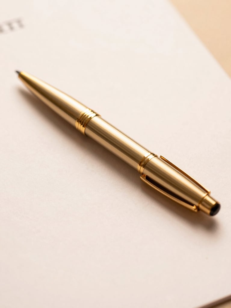 A close-up of a sleek golden pen resting on a clean, elegant cream-colored contract document, warm soft shadows, luxurious editorial feel