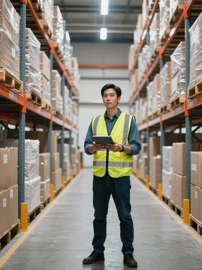 A sharp focus shot of a professional logistics supervisor in a safety vest holding a digital tablet inside a bright, clean modern warehouse corridor, warm safety orange accents.