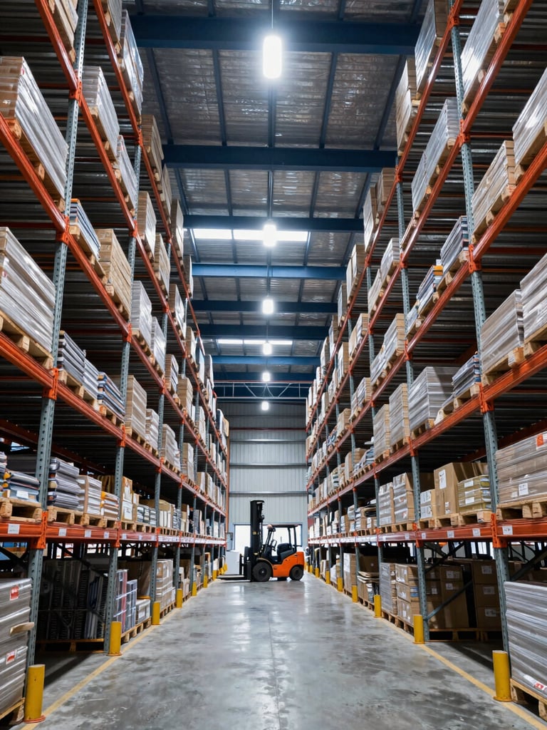 Wide-angle crisp industrial photography of a massive modern warehouse interior, organized tall steel racks under bright LED lights, a forklift in the distance