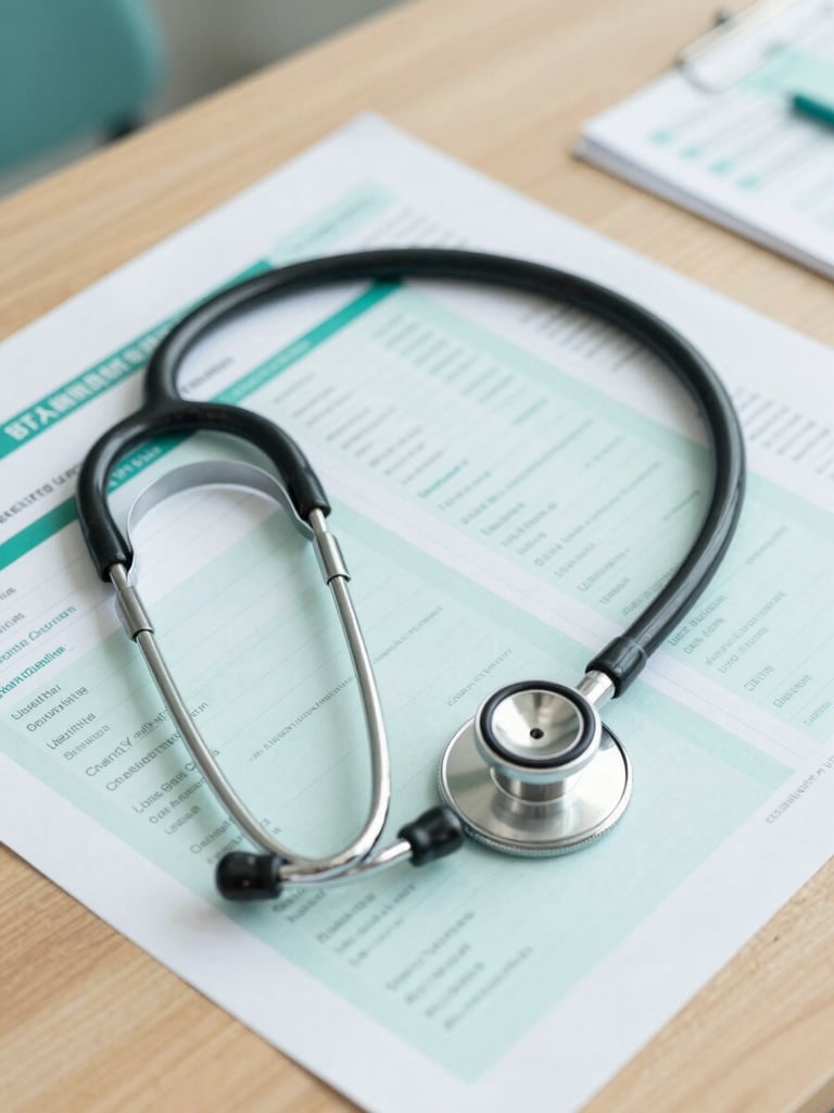 Clean editorial photography of a professional medical setting, bright natural daylight, soft teal and sage green tones, sharp focus on a stethoscope and printed health guides on a wooden table.