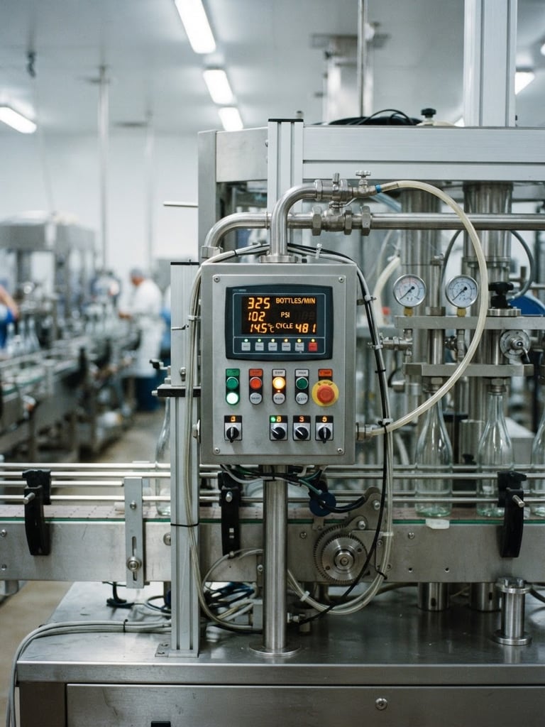 Crisp industrial photography, close-up of a stainless steel bottling machine interface with glowing digital readouts, cool metallic tones, 35mm