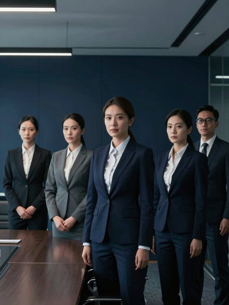 Elite legal team in sharp business suits standing in a modern corporate boardroom, dramatic low-key cool lighting, deep navy background, authoritative atmosphere