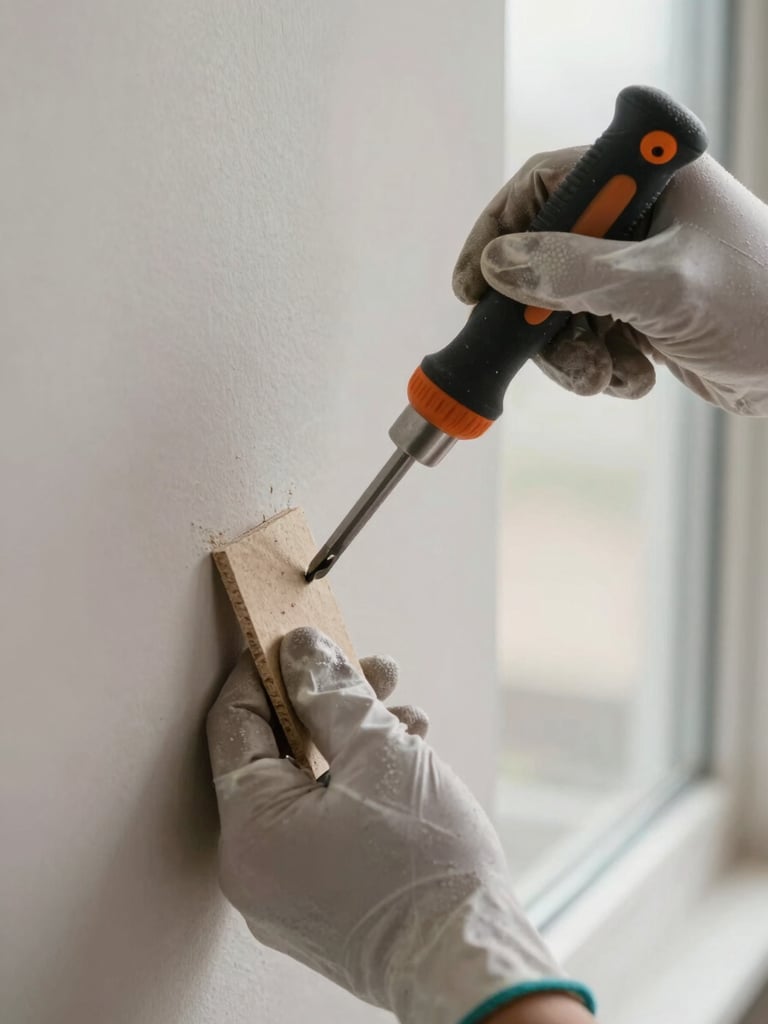 Close-up of gloved hands using a precision coring tool to extract a small drywall sample from a residential interior wall, neutral daylight from a nearby window, clinical focus on the sample and tool tip