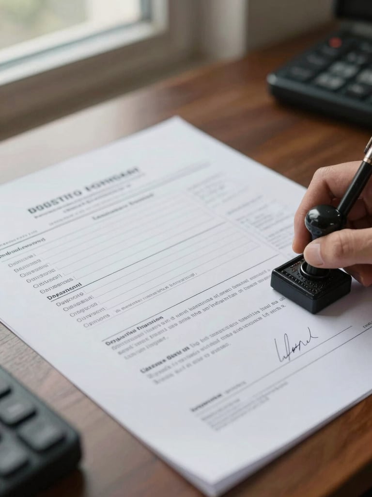Close-up of a printed asbestos inspection report on a desk, inspector's stamp and signature visible, neutral daylight from a window at frame left, documentary framing