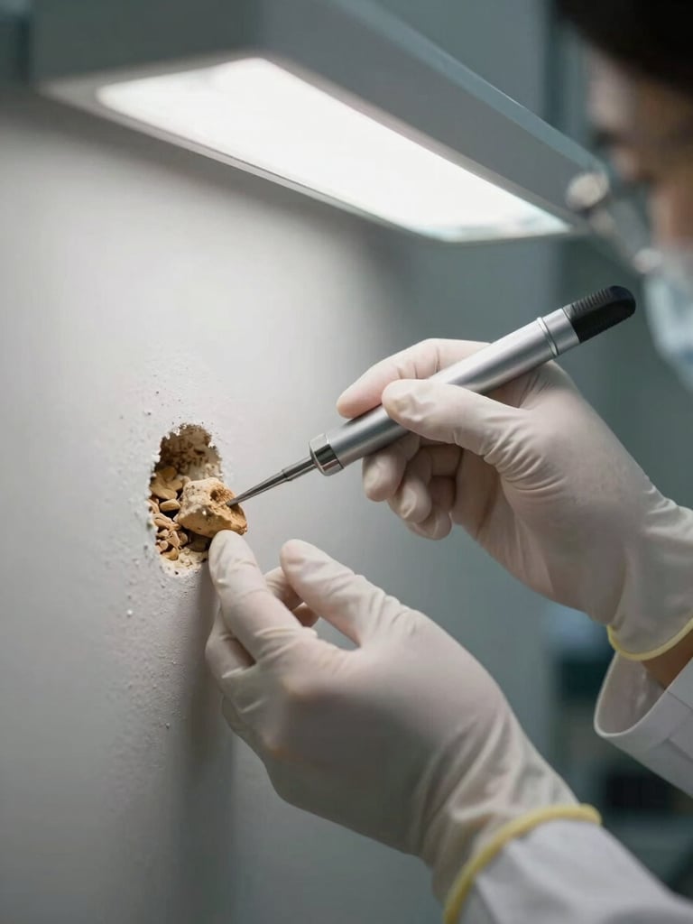 Close-up of gloved hands collecting a material sample from a wall cavity, sampling tool visible, clinical fluorescent lighting, tight documentary framing