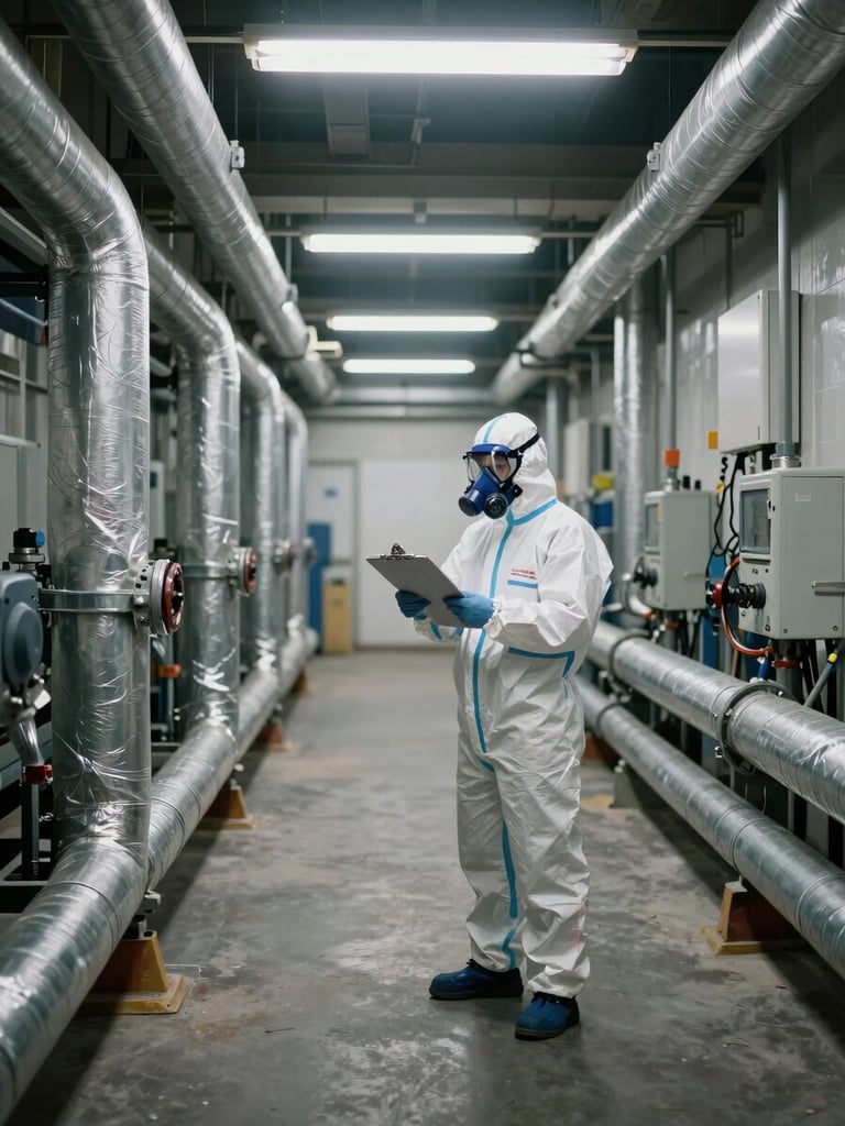 Wide interior shot of a commercial mechanical room, an inspector in protective coveralls and respirator documenting pipe lagging with a clipboard, clinical fluorescent lighting, gray concrete floor, industrial pipes receding into background