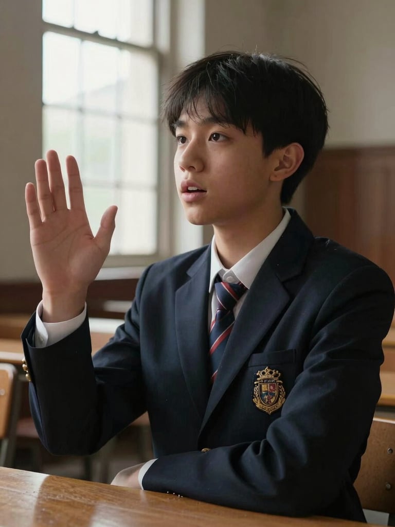 A portrait of a secondary school student in a dark blazer, hand raised mid-speech, intense focus, dramatic natural light from a high window illuminating the historic hall.