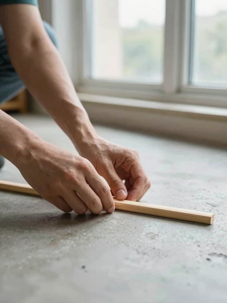 Hands carefully organizing wooden dowels on a clean concrete floor, warm natural window light, shallow depth of field.