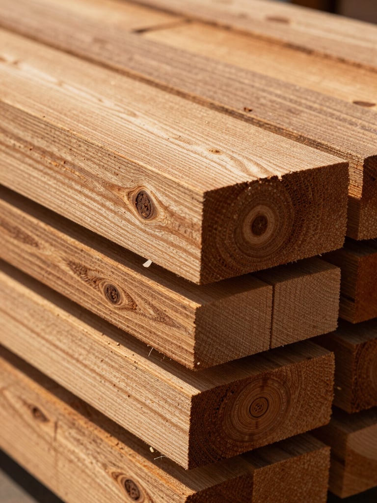 Extreme close-up of stacked hardwood lumber planks in a warehouse, natural daylight raking across the grain, deep amber and brown tones, sharp texture detail of wood rings and knots, no people