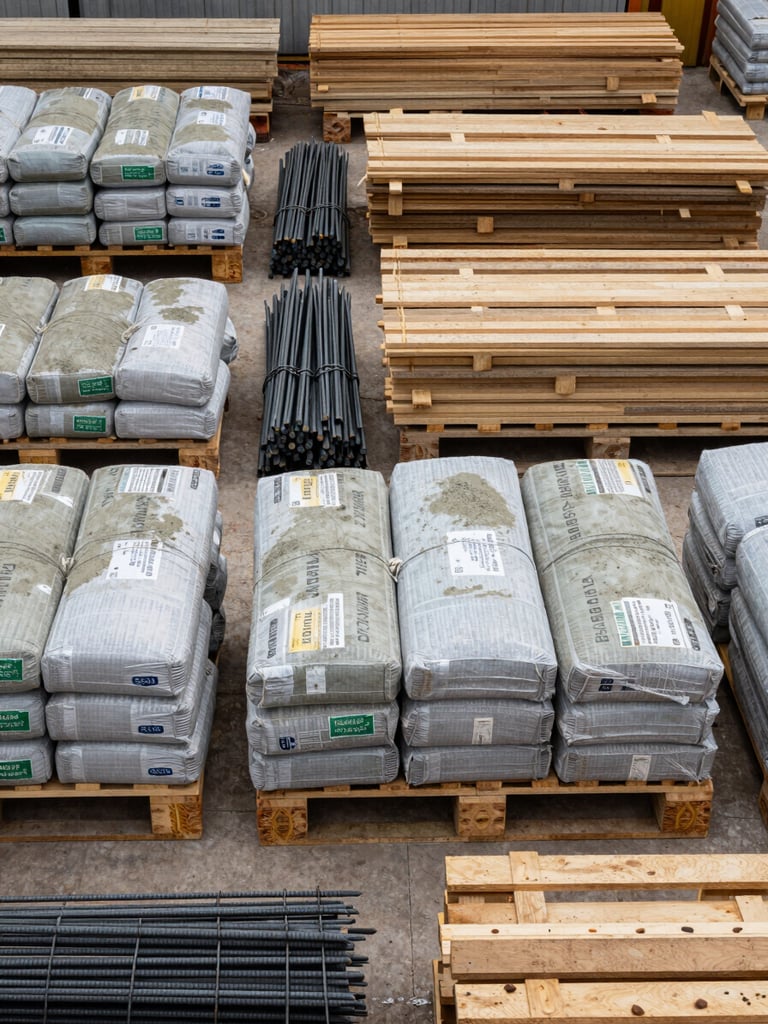 Close-up overhead flat-lay of a construction materials yard in southern Brazil, organized pallets of cement bags, bundled rebar and timber boards stacked in disciplined rows, overcast daylight, strong material texture visible, no people