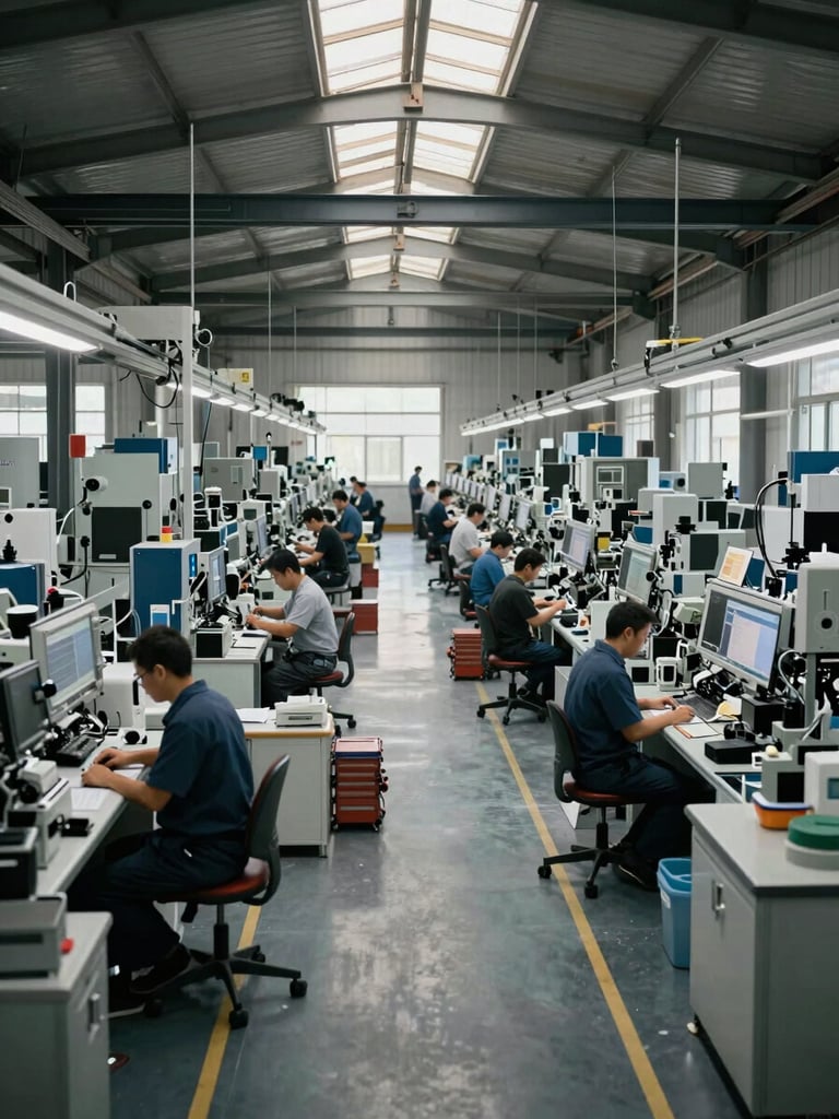 Wide shot of a manufacturing floor mid-shift, rows of assembly stations under industrial daylight through high clerestory windows, workers at stations in the middle distance, complexity and scale visible