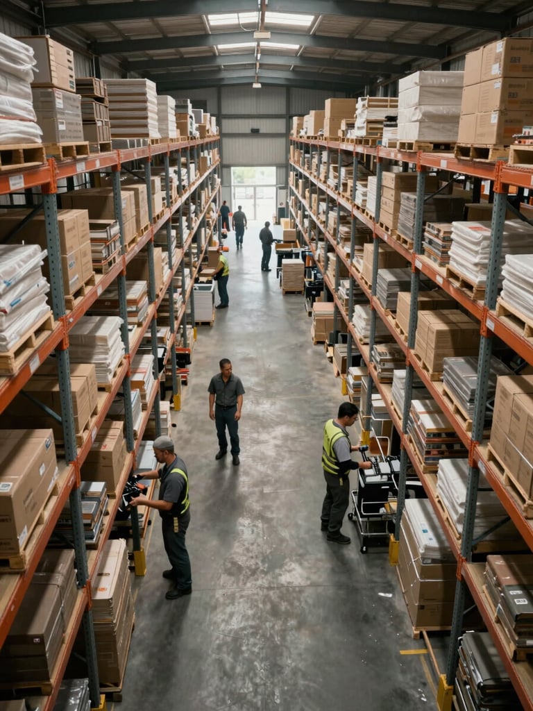 Wide shot of an active warehouse floor from a high vantage point, workers mid-task among shelving rows, natural industrial daylight filtering through skylights, no posed figures