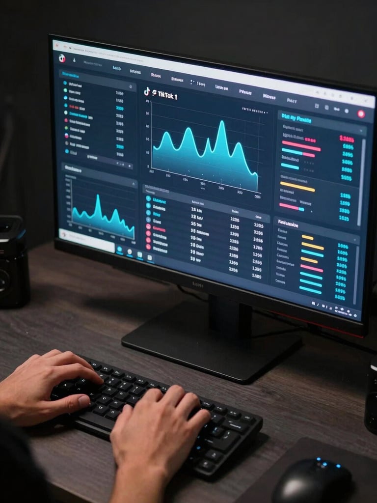 Close overhead shot of a TikTok Live metrics dashboard on a large monitor in a dark studio, neon-blue data charts and revenue figures visible on screen, a creator's hands resting on a desk in the foreground, sharp key-light contrast, no reflections obscuring data