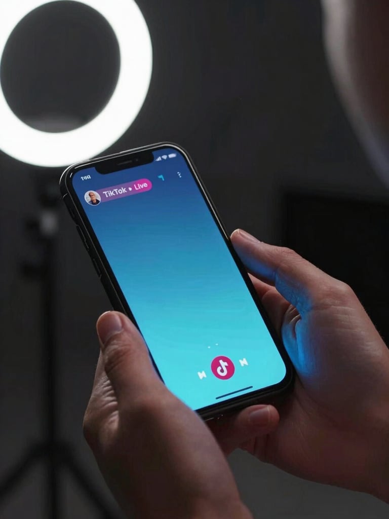 Close-up of creator hands gripping a smartphone mid-live-stream, screen-glow casting neon blue light across fingers, ring light reflected on screen surface, dark studio background, high-contrast key light from upper left, TikTok Live interface glowing on screen