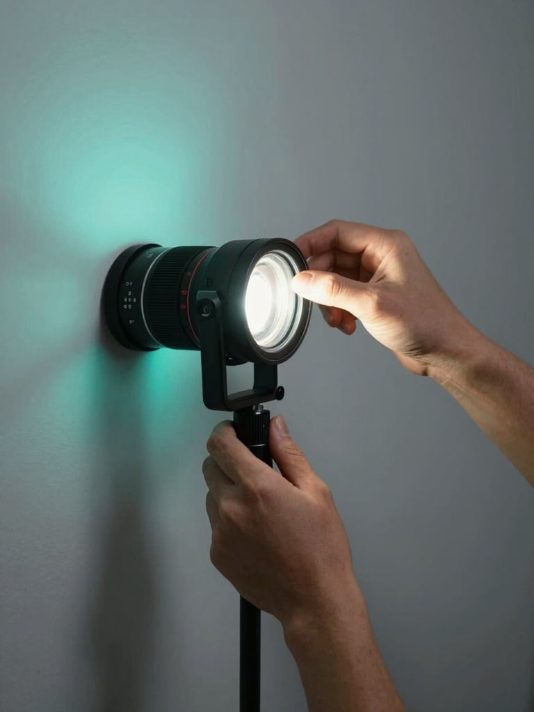 Hands of a photographer adjusting a strobe light in a studio, teal gel casting color on the wall behind, shallow depth of field, close crop on the hands and equipment, dramatic directional light