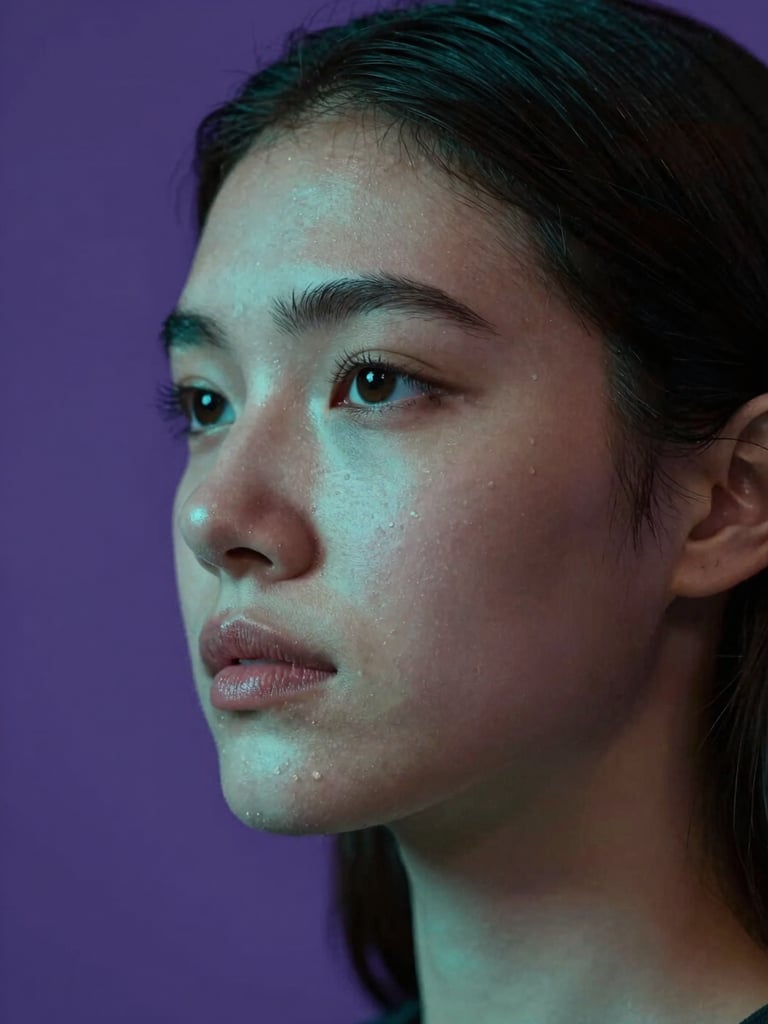 Close-up portrait of a young woman, face turned slightly left, directional teal studio light cutting across her cheekbone, deep purple background, saturated and sharp, diagonal framing, no backdrop visible