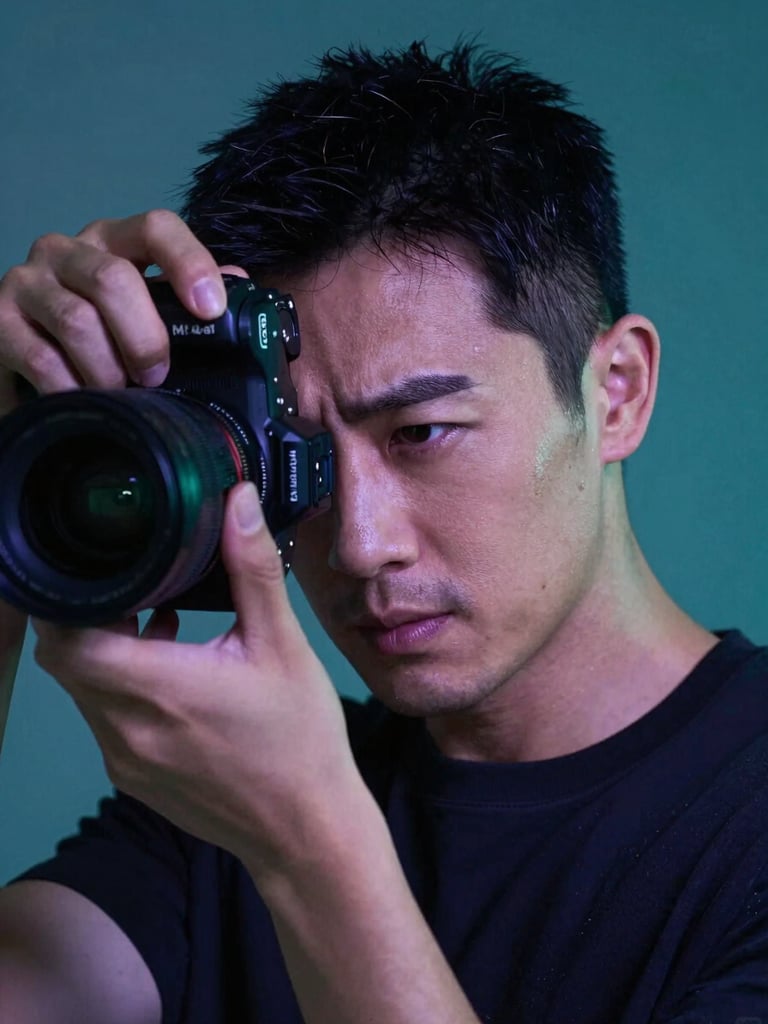 Close-up portrait of a photographer mid-work, directional studio strobe light raking across their face from the left, deep teal and violet gel tones saturating the background, camera held at chest height, expression focused and alive — tight crop, dynamic framing, no neutral backdrop