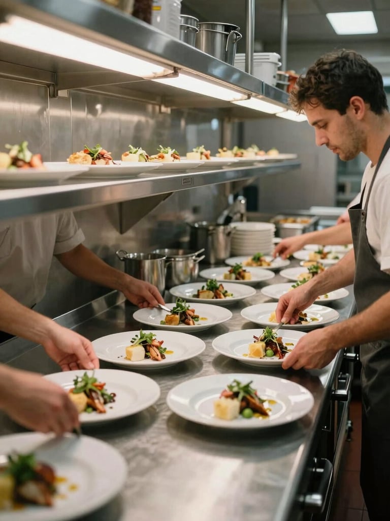 Overhead wide shot of a commercial kitchen pass during active dinner service — stainless steel surfaces, hands placing plated dishes in a row under harsh fluorescent strip lighting, ticket rail visible at top edge, motion blur on moving hands, daylight-balanced exposure