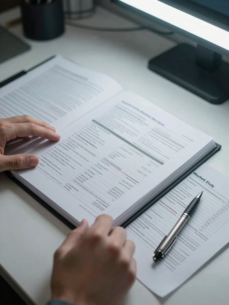 Overhead close-up of a desk under cool fluorescent office light, hands turning pages of a bound operational document with annotated financial tables, a pen resting on a printed market-entry checklist, no food in frame