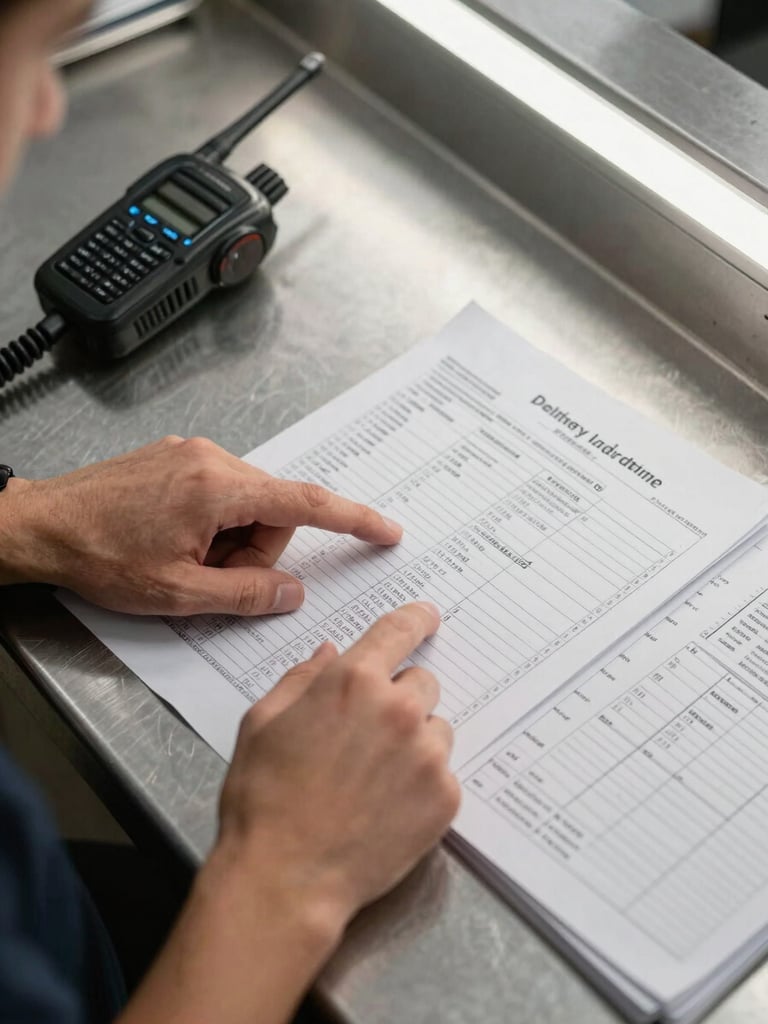 Close-up overhead shot of a kitchen operations manager reviewing printed inventory sheets on a stainless steel prep counter, a radio handset and stack of supplier delivery dockets beside the sheets, overhead fluorescent light casting sharp neutral illumination, hands visible mid-gesture pointing at line items, no food plating visible
