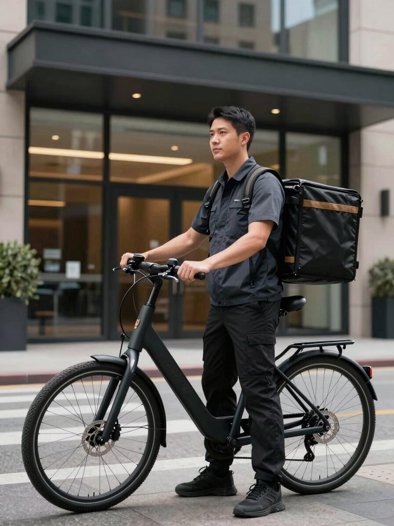 A professional courier with a clean, unmarked black bag standing next to an electric bicycle in front of a modern Midtown Manhattan lobby, overcast daylight