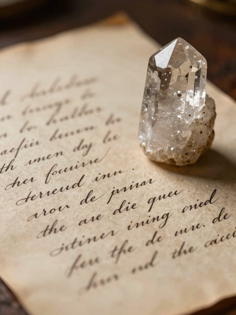 Macro shot of a handwritten parchment with elegant calligraphy, resting next to a raw quartz crystal under warm, low-key lighting.