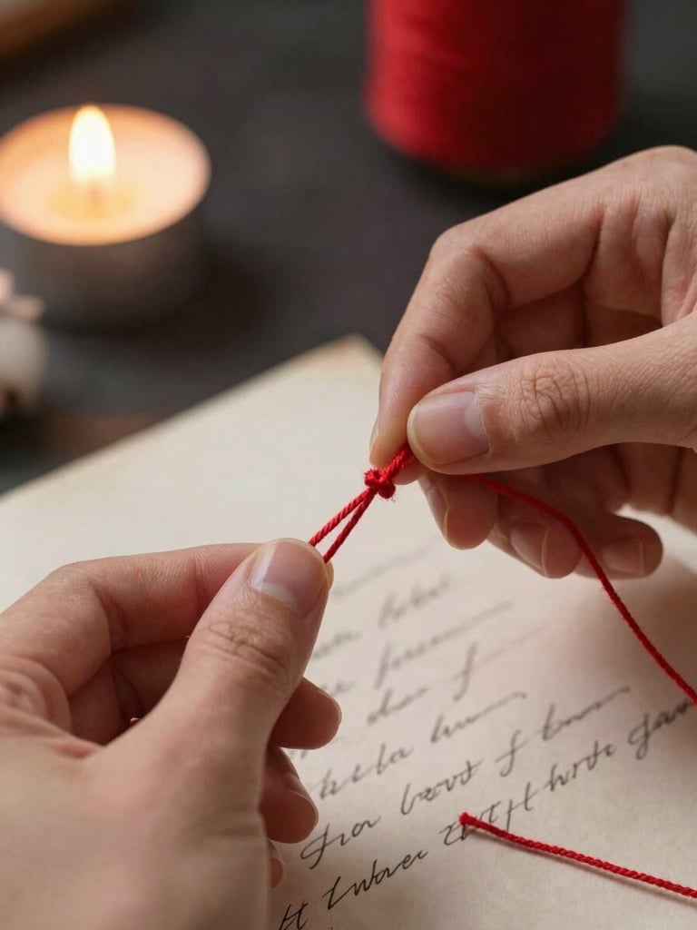 Close-up of red cotton threads being gently knotted by hands over a handwritten parchment, warm candlelight, dark background
