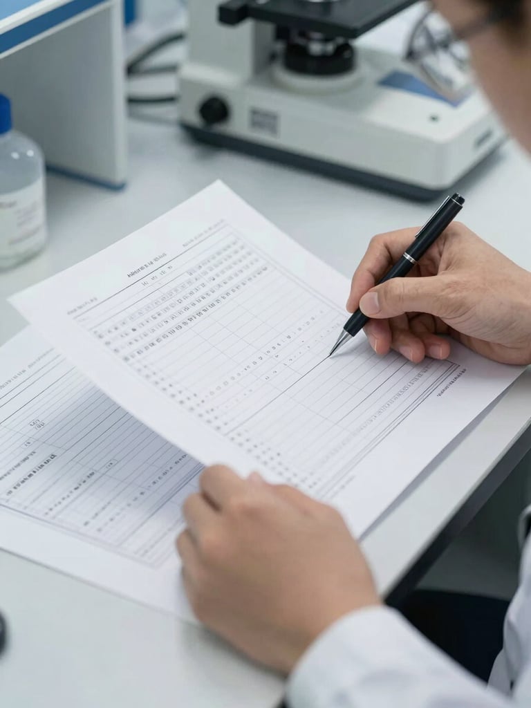 Close view of a researcher's hands reviewing printed data charts on a lab bench, clinical overhead lighting revealing the texture of paper and ink, scientific instrumentation partially visible in the background, sharp focus on the documents