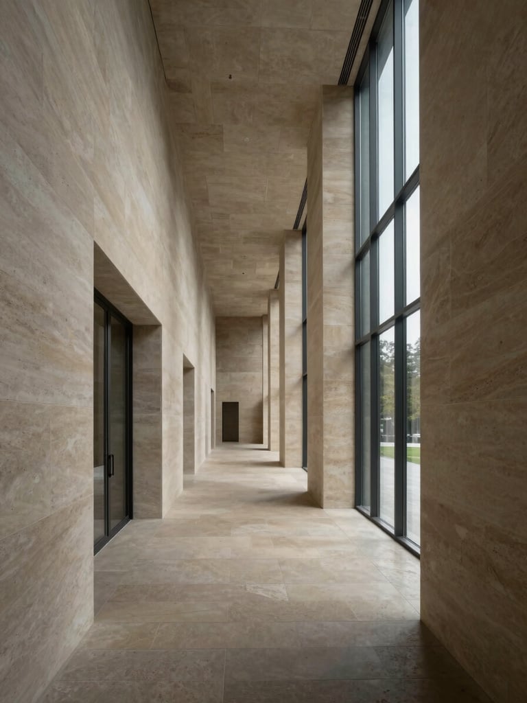 Detail of modern architectural interior, long symmetric corridor with natural stone walls and soft light streaming through high glass windows