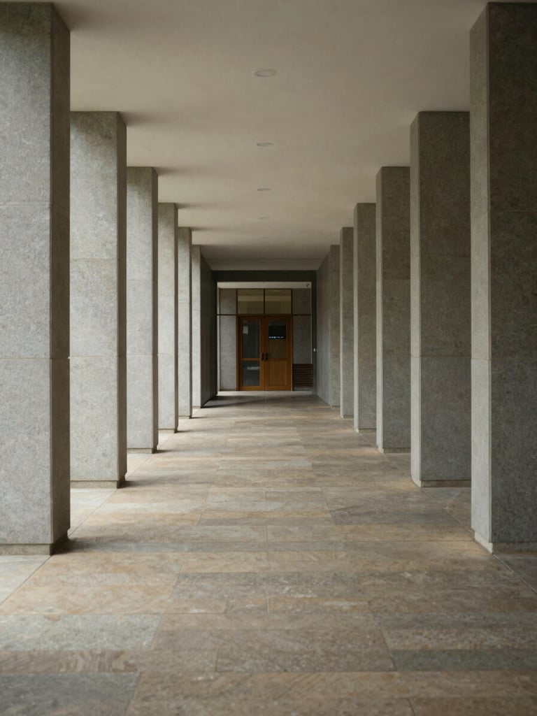 Symmetric long corridor of a modern administrative court, natural stone flooring, soft diffused daylight, quiet and calm atmosphere