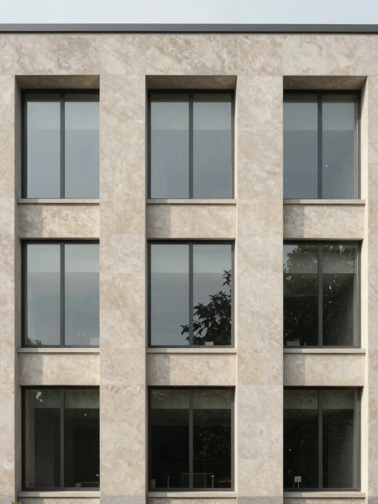 Symmetrical architectural detail of a modern courthouse facade, natural stone and glass panels, soft diffused daylight casting quiet shadows, minimalist Scandinavian style.